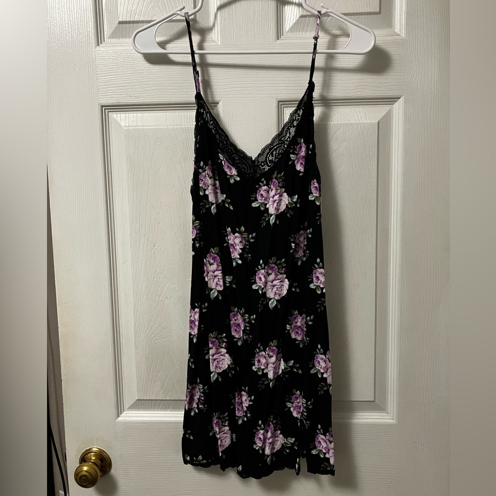 Black floral lace trim mini dress with slit on side, adjustable straps